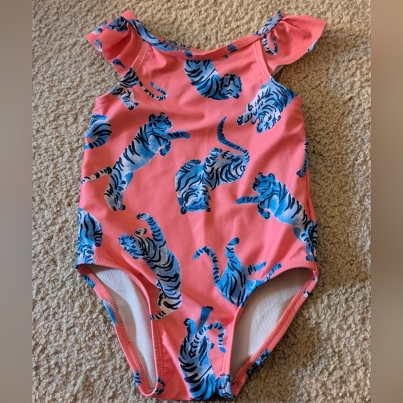Tea Pink With Blue Tiger One Piece Swimsuit Size 2T - Picture 3 of 8